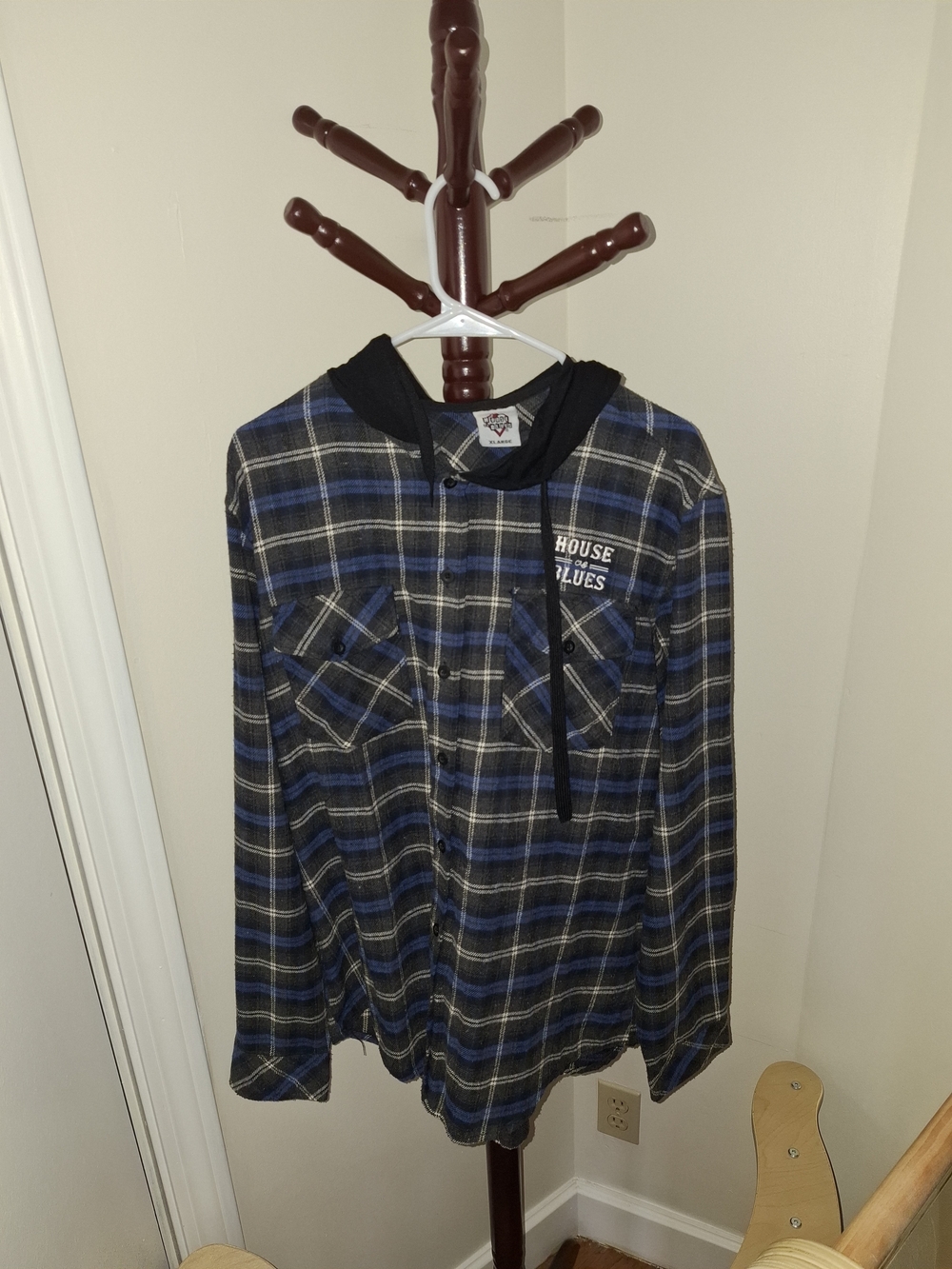 Grunge Vintage House of Blues Men's Blue Plaid Button-Down Hooded Shirt XL